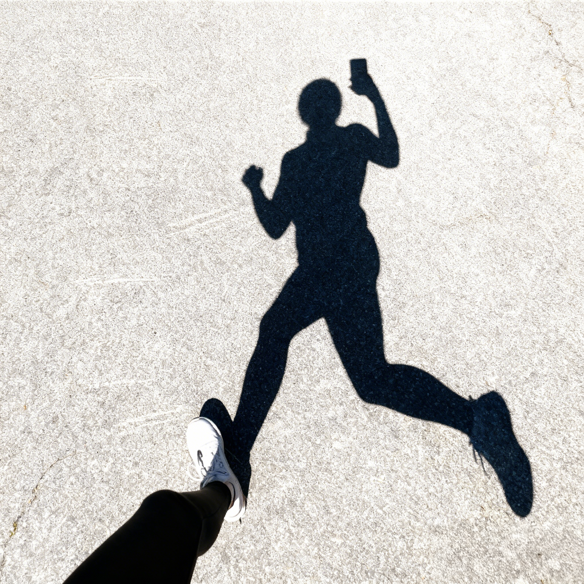 A runner's shadow cast on the pavement while holding a phone during a daytime workout.