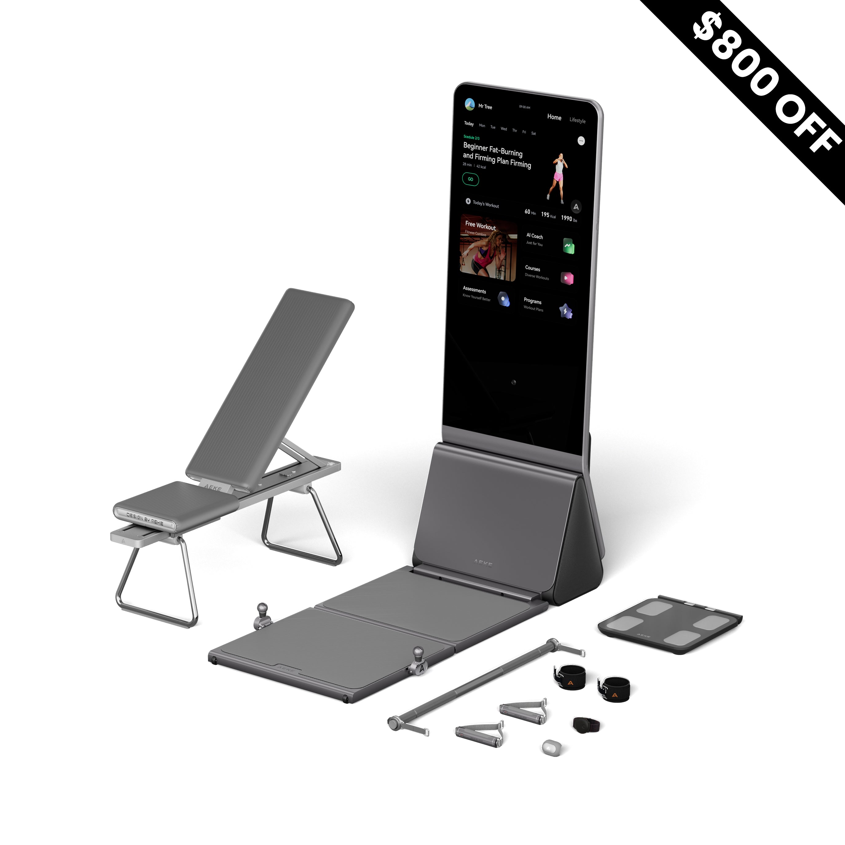 AEKE Smart Home Gym K1 with adjustable bench and accessories, featuring a large touchscreen display showing a workout program.
